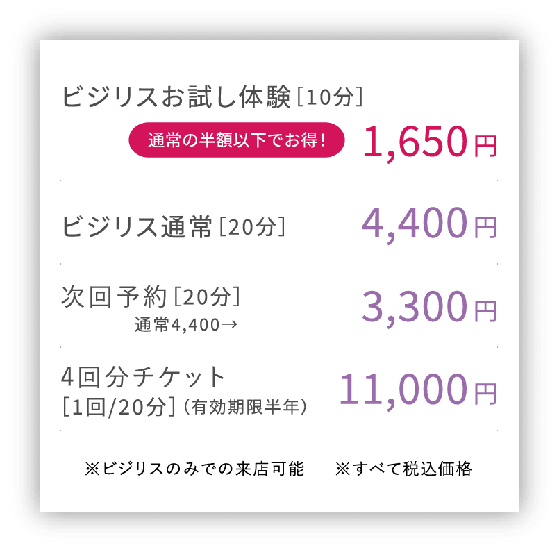 ビジリスお試し体験［10分］通常の半額以下でお得！1,650円ビジリス通常［20分］4,400円次回予約［20分］3,300円4回分チケット11,000円